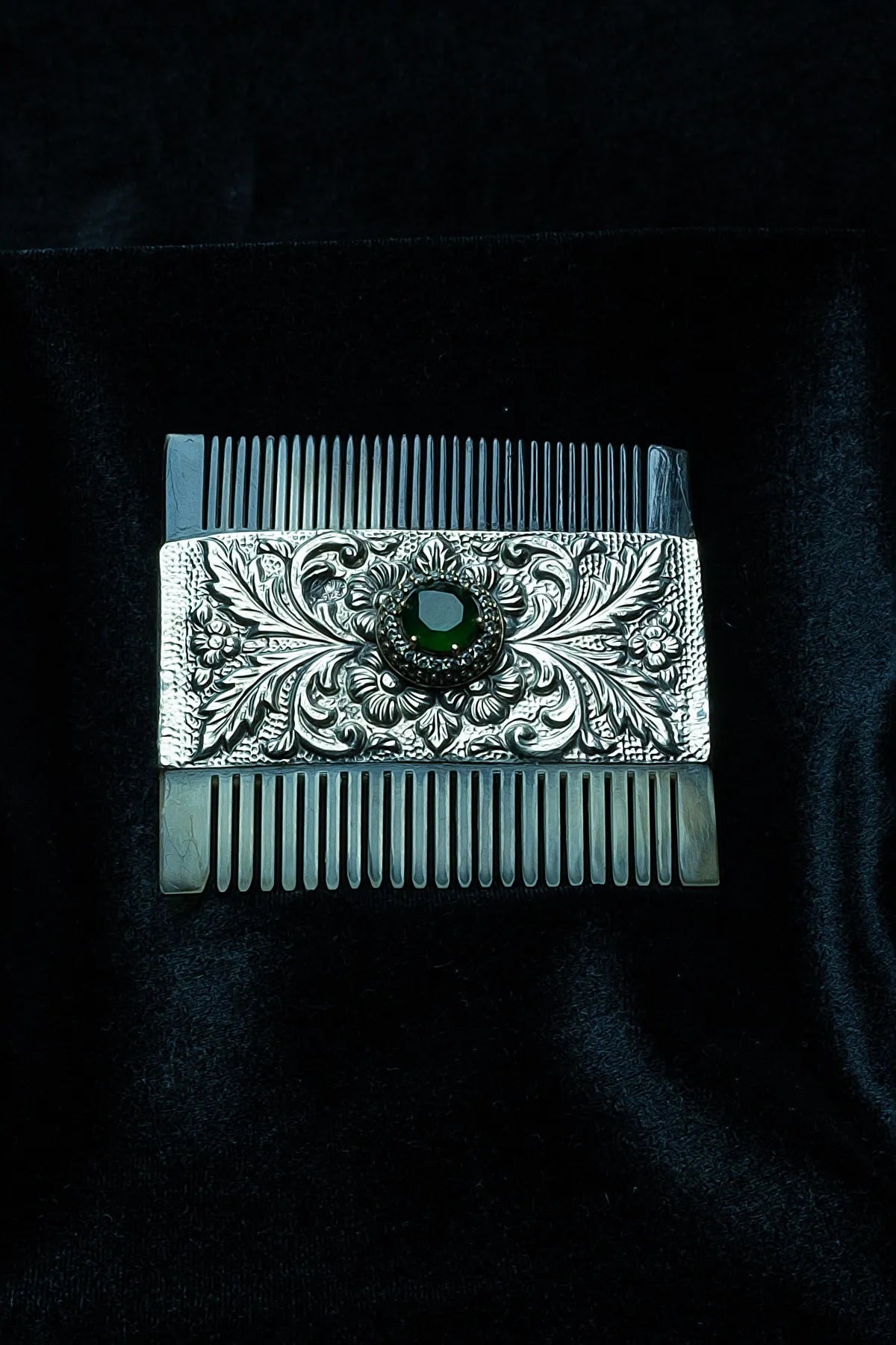 Natural Green Stone: Double-Sided Horn Comb with 925 Sterling Silver