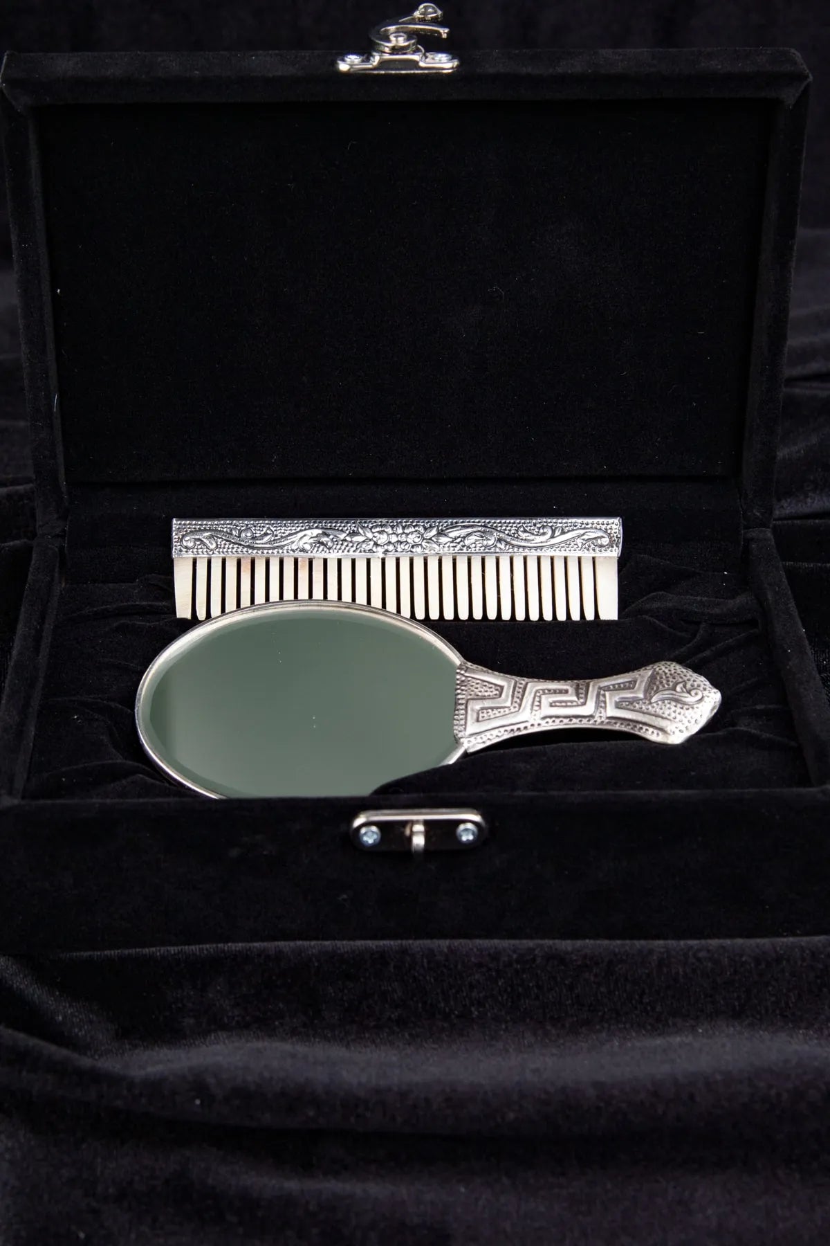 Celestial Blue: 925 Sterling Silver Horn Comb & Mirror Set