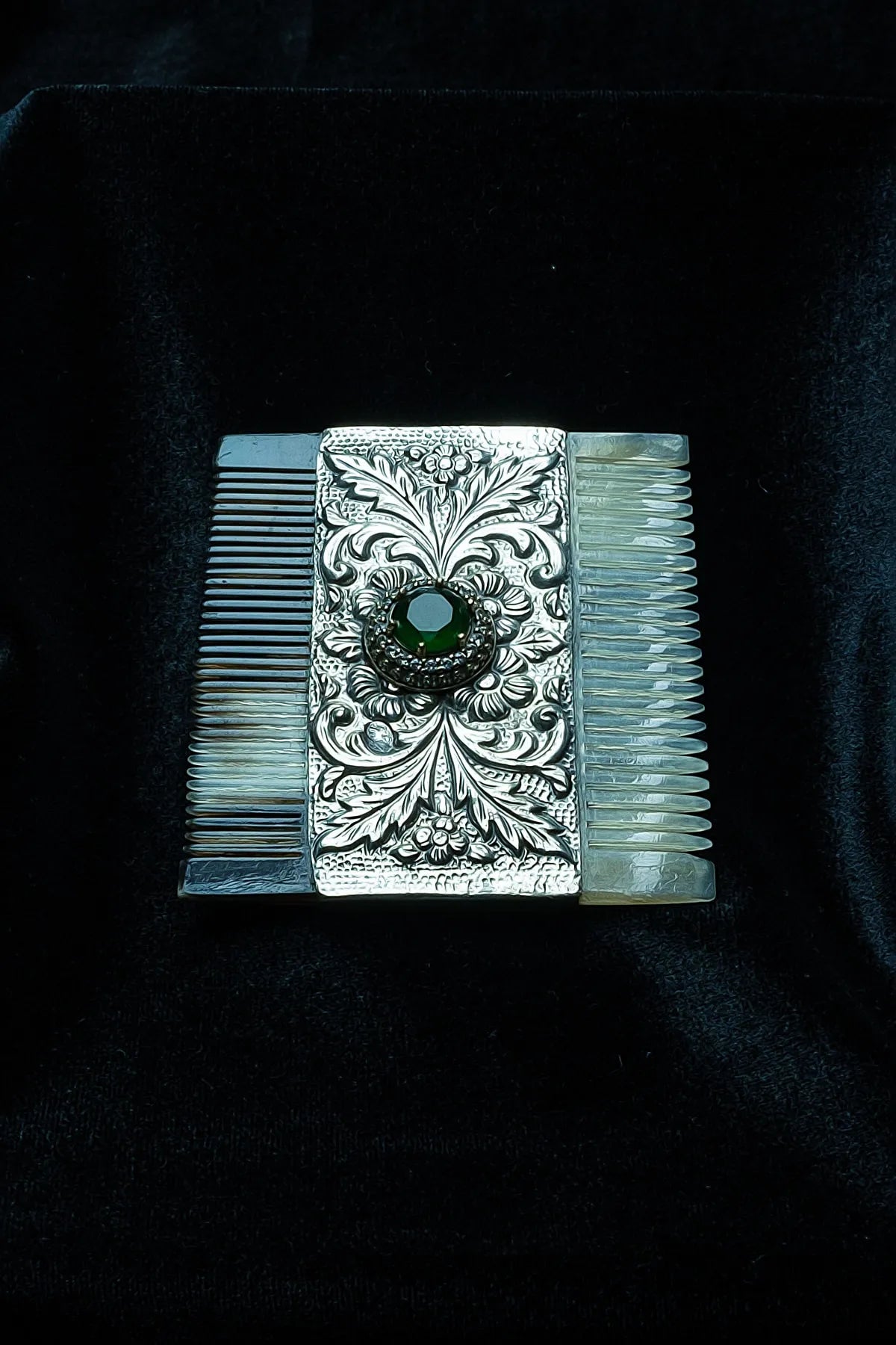 Natural Green Stone: Double-Sided Horn Comb with 925 Sterling Silver
