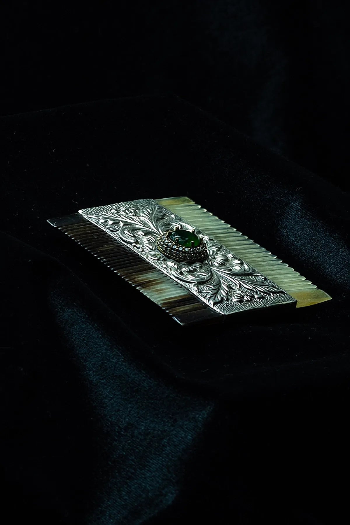 Natural Green Stone: Double-Sided Horn Comb with 925 Sterling Silver