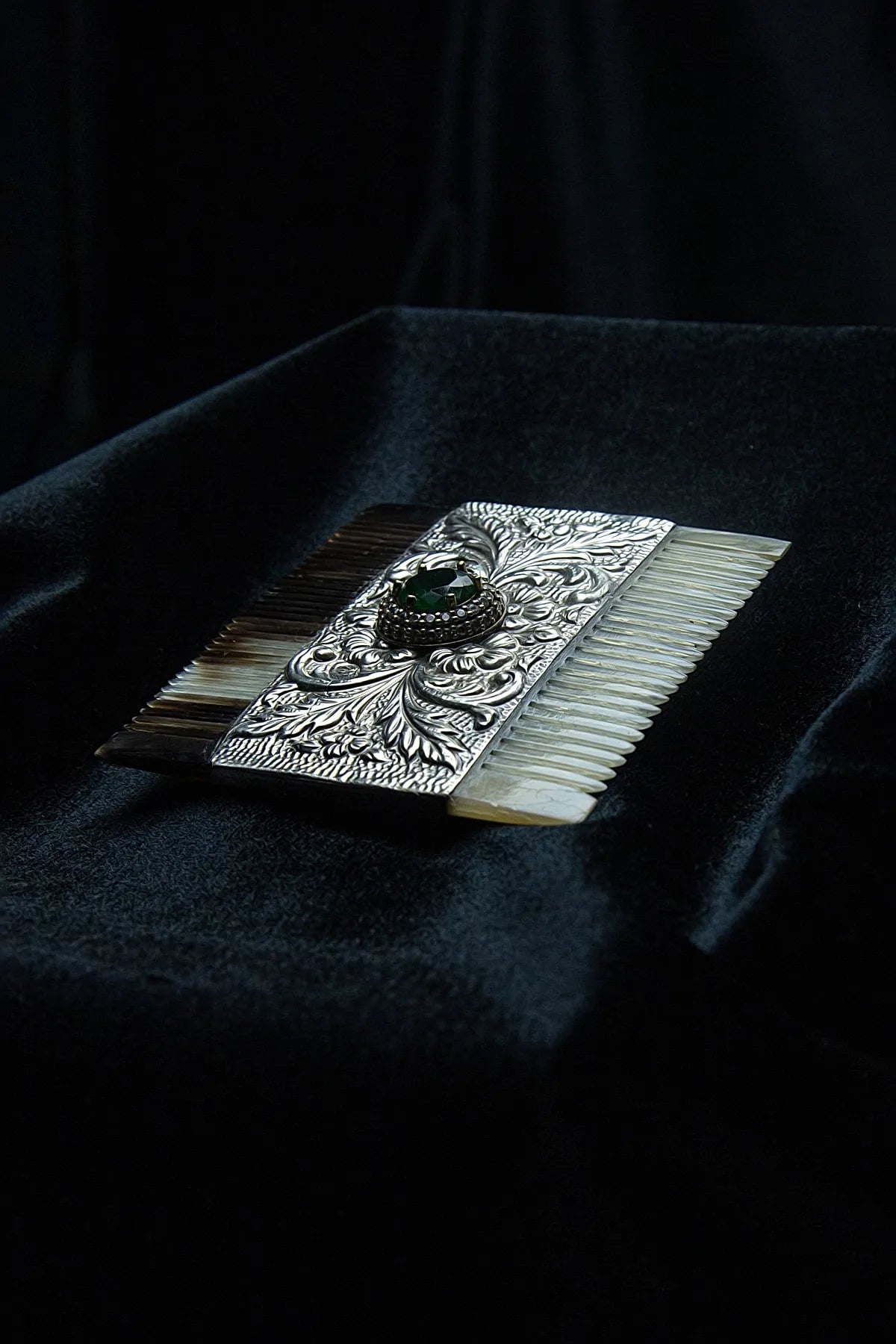 Natural Green Stone: Double-Sided Horn Comb with 925 Sterling Silver