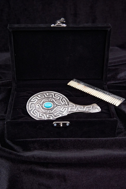 Celestial Blue: 925 Sterling Silver Horn Comb & Mirror Set